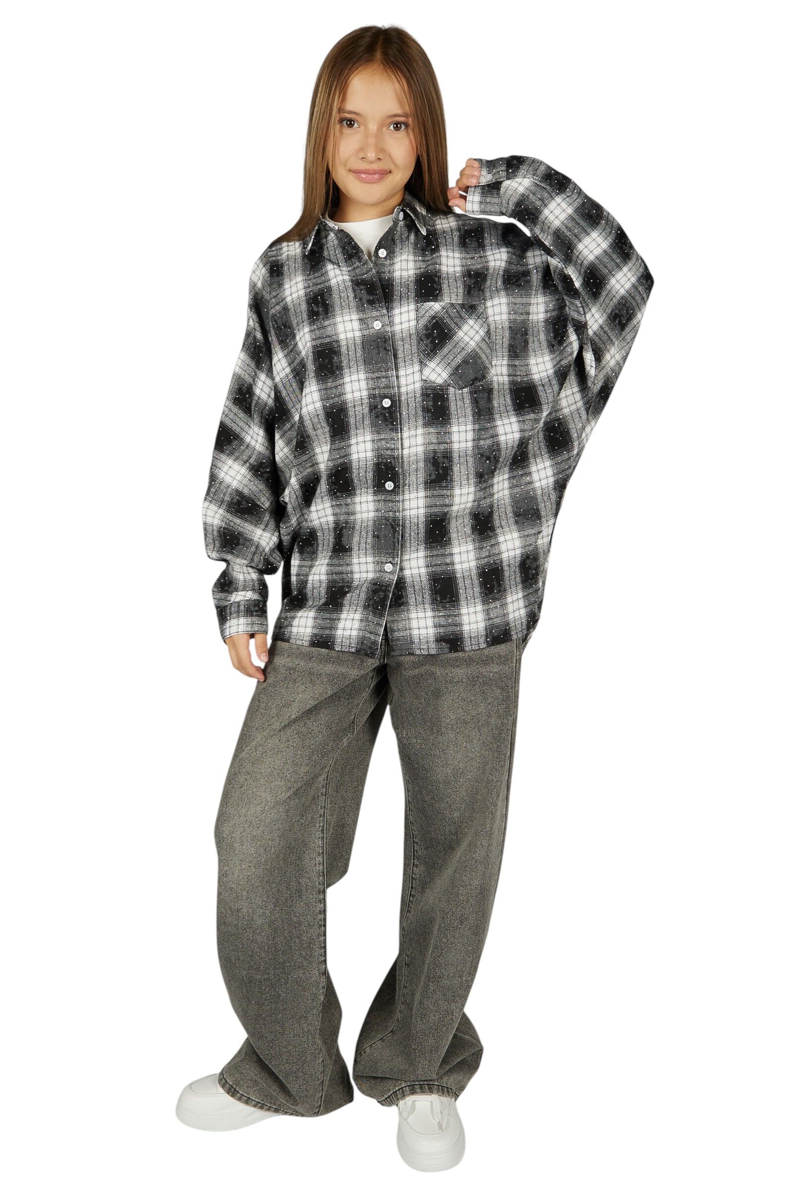 Рубашка дев. АРТ.G-SH26028,чер-бел,хл-пэ